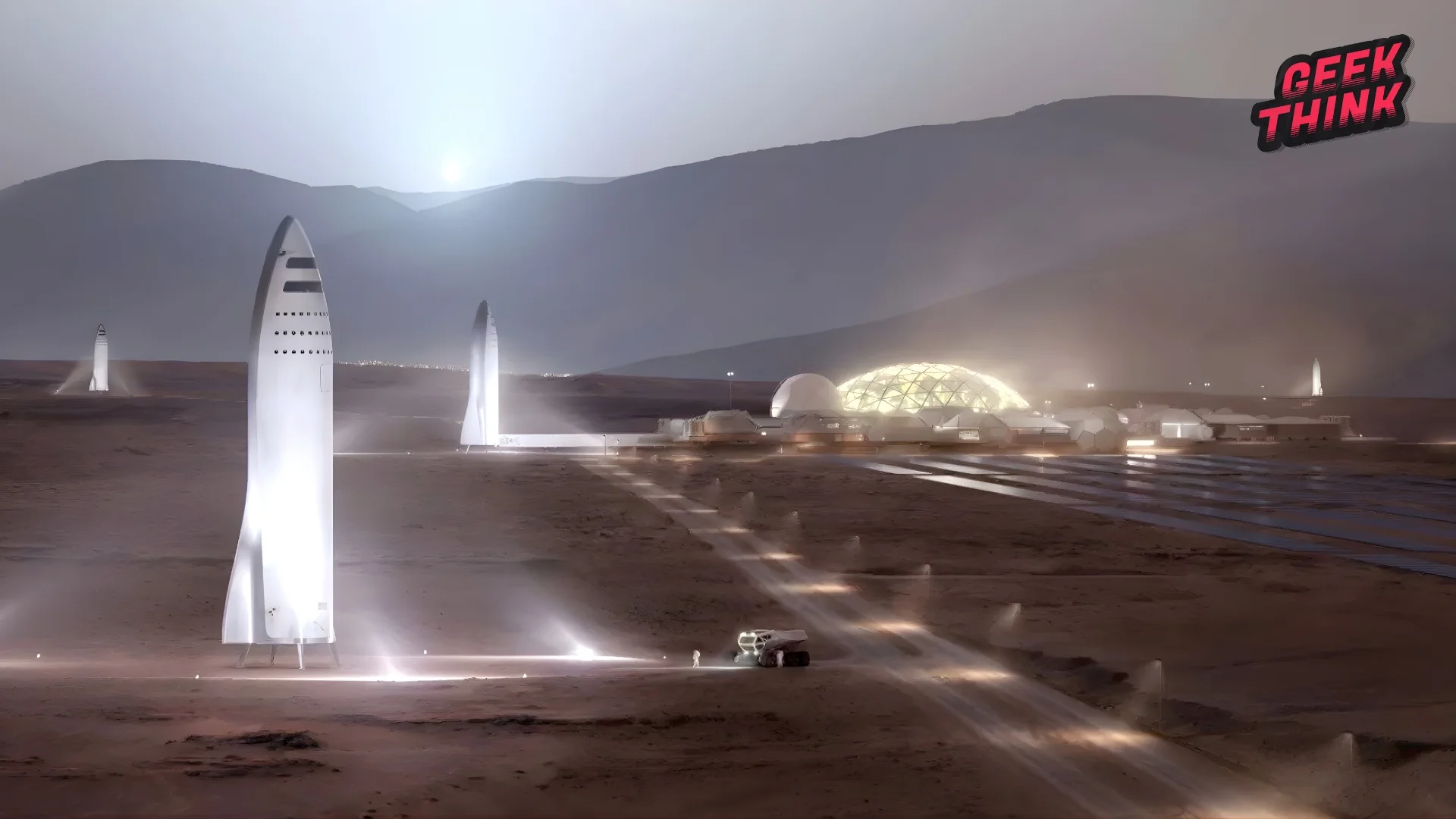 Vue artistique représentant les défis techniques et humains de la colonisation de Mars lors d'une mission sur la planète rouge.