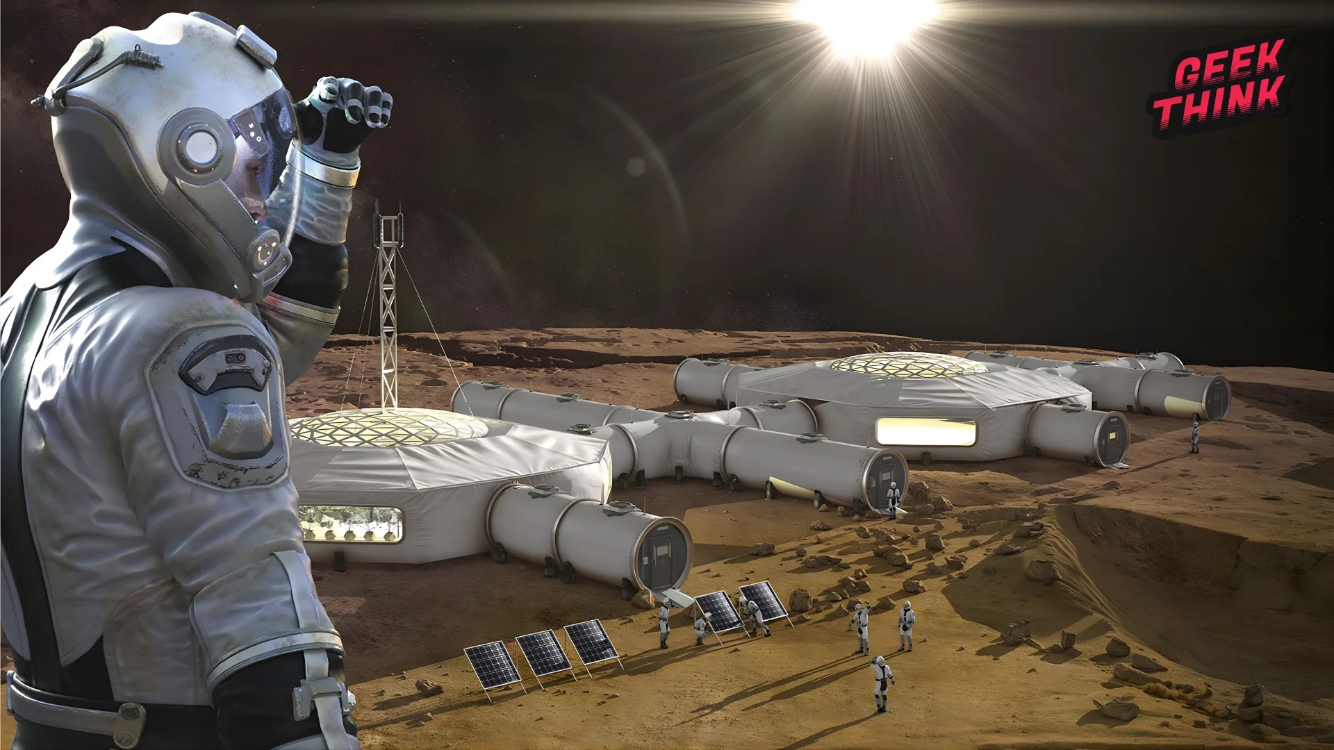 Illustration montrant les défis technologiques et humains liés à la colonisation de Mars et à l'exploration de la planète rouge